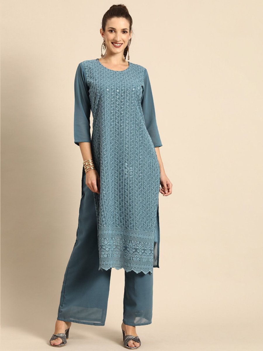 All About You Women Grey Ethnic Motifs Embroidered Regular Chikankari Kurta with Palazzos - Distacart