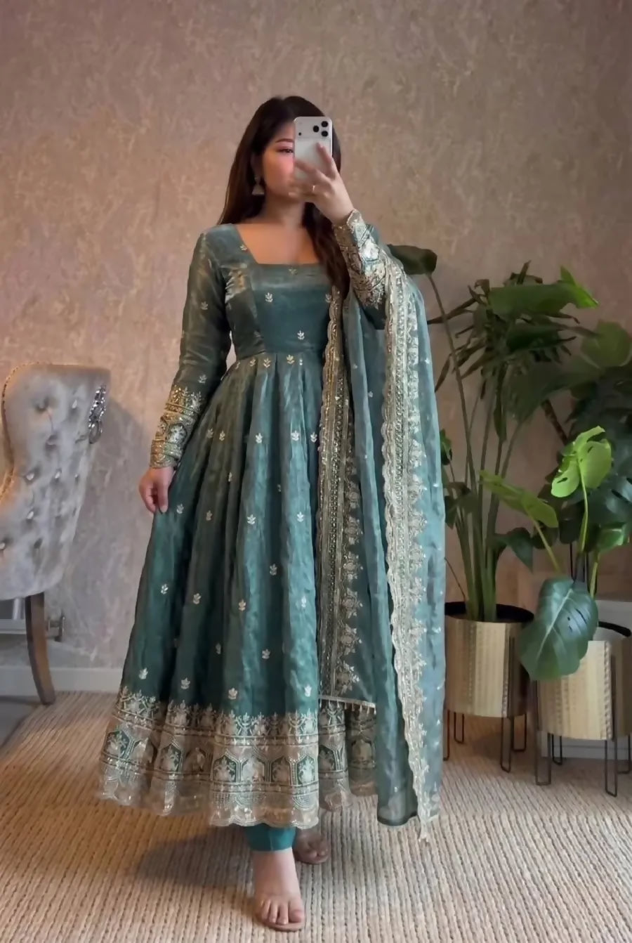 Teeya Creation Womens New Trendy Stylish Sea Blue Zari Embroidered Silk Anarkali Suit Set with Dupatta - Dista
