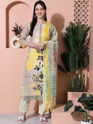 Jyoti Fashion Women's Multicolor Cotton Floral Digital Print & Floral Embroidered Cutwork Border Sequins Work Kurta with Trouser & Dupatta - Distacart