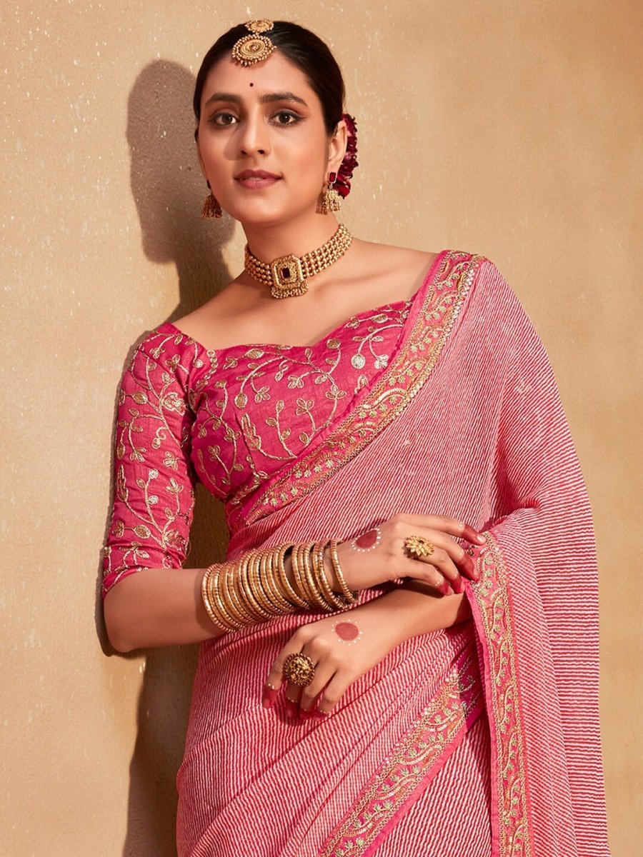 Anouk Striped Printed Sequinned Pure Georgette Leheriya Saree - Distacart