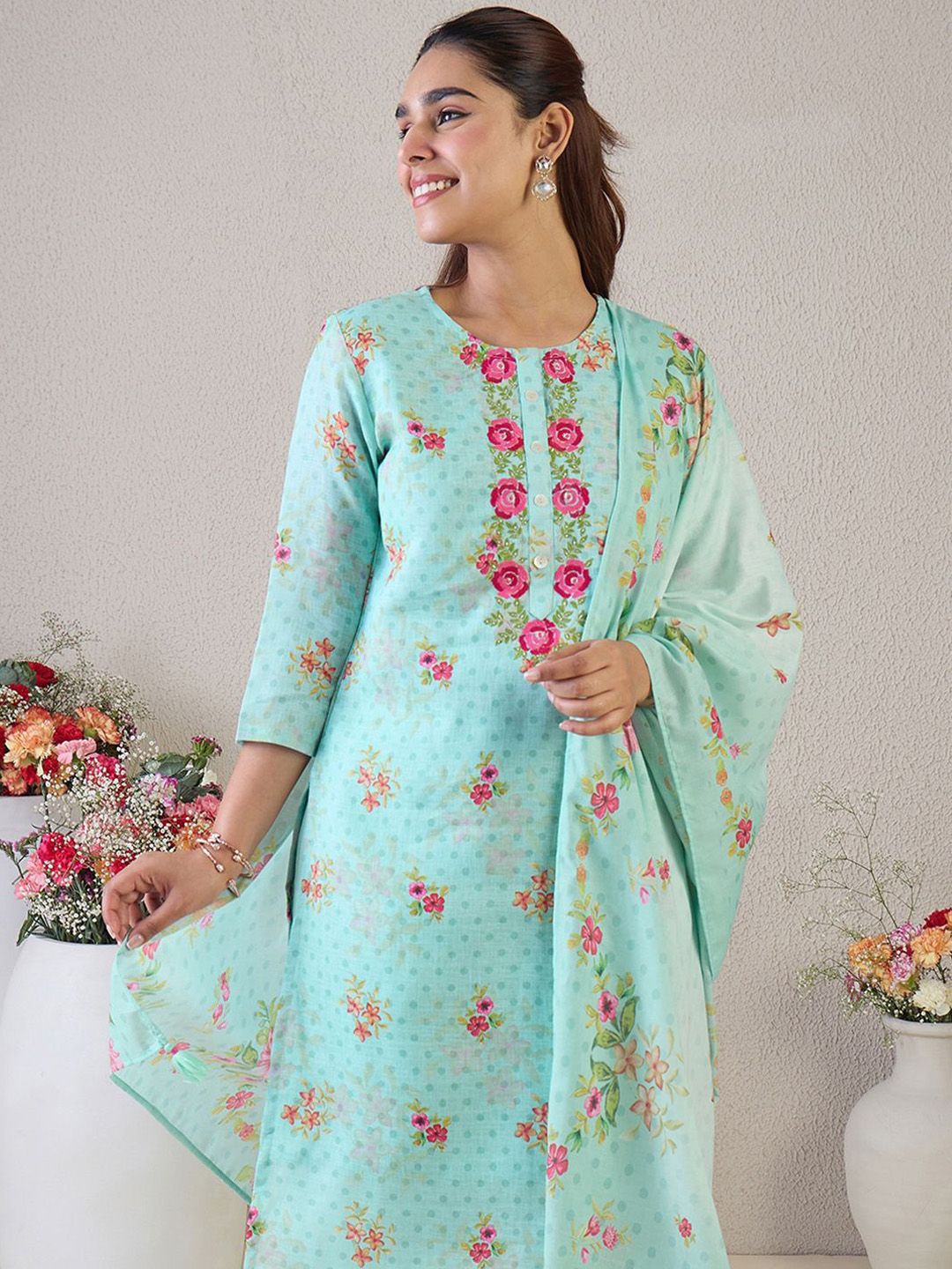 Indo Era Women Floral Embroidered Thread Work Linen Kurta with Trousers & With Dupatta