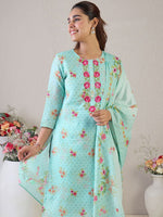 Thumbnail for Indo Era Women Floral Embroidered Thread Work Linen Kurta with Trousers & With Dupatta