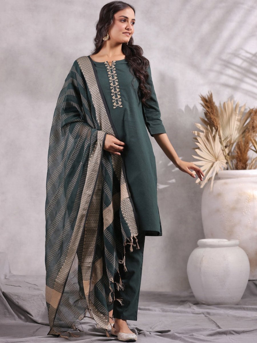 Anubhutee Ethnic Motifs Emrboidered Sequined Pure Cotton Kurta with Trousers & Dupatta - Distacart