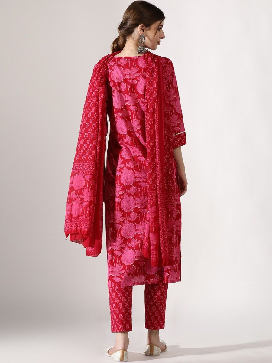 Anouk V-Neck Floral Printed Thread Work Pure Cotton Straight Kurta with Trousers & Dupatta