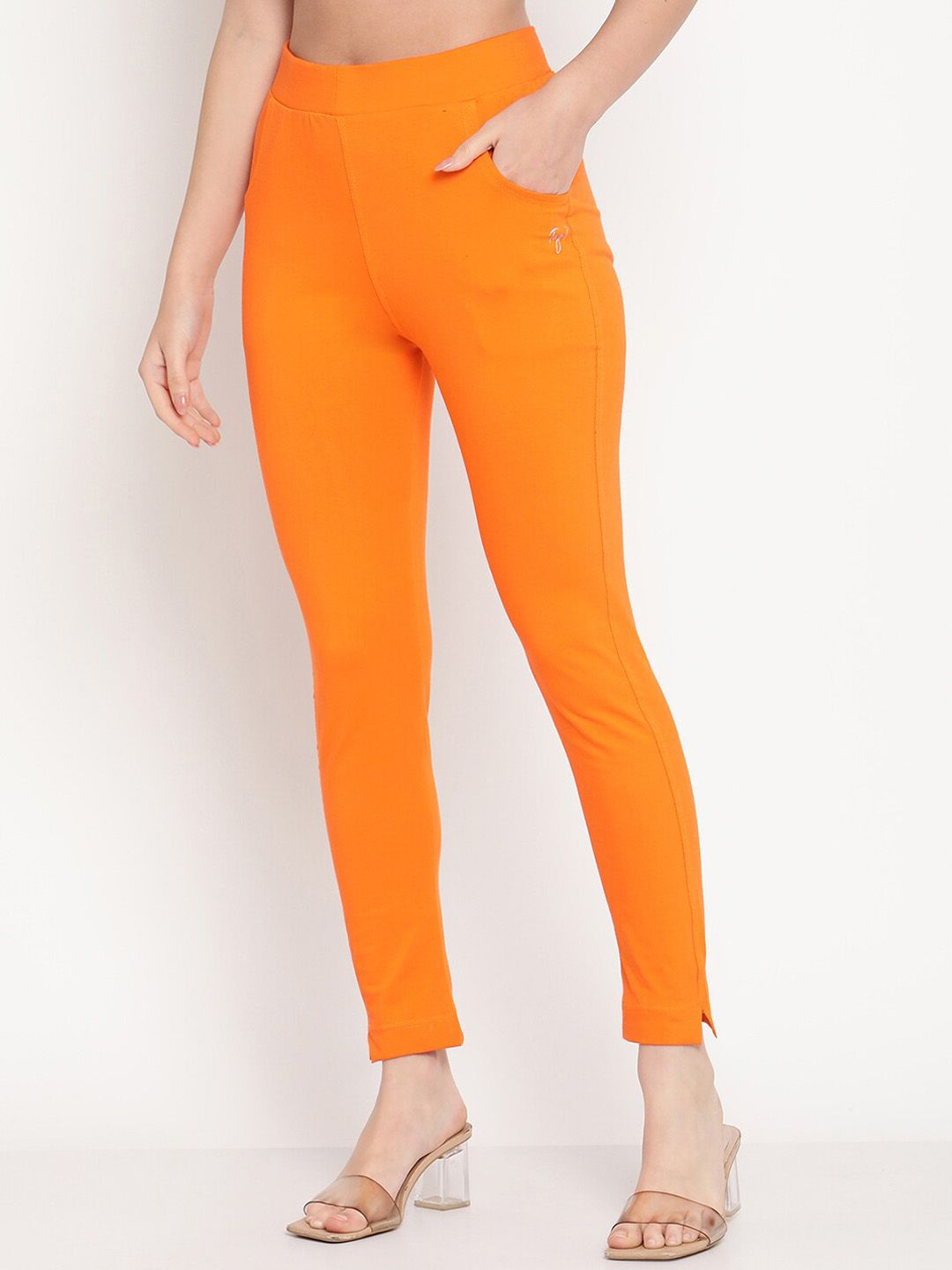 TAG 7 Women Orange Solid Leggings - Distacart