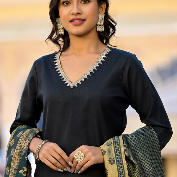 Vishudh Green & Gold Toned Embellished V Neck Straight Kurta & Palazzos With Dupatta - Distacart