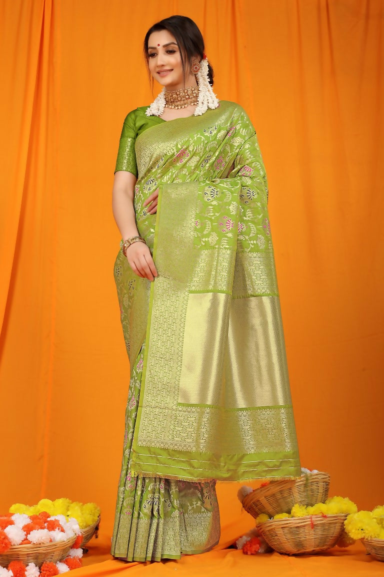 Jyoti Fashion Women's Green Kanjivaram Silk Zari Woven Saree with Blouse - Distacart