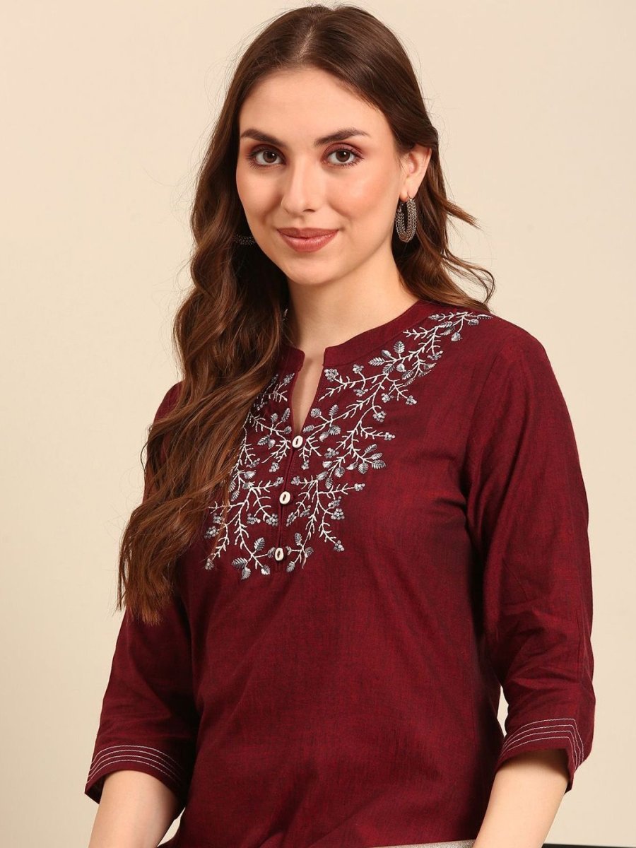 Anouk Notched Neck Thread Work Pure Cotton Straight Kurta - Distacart