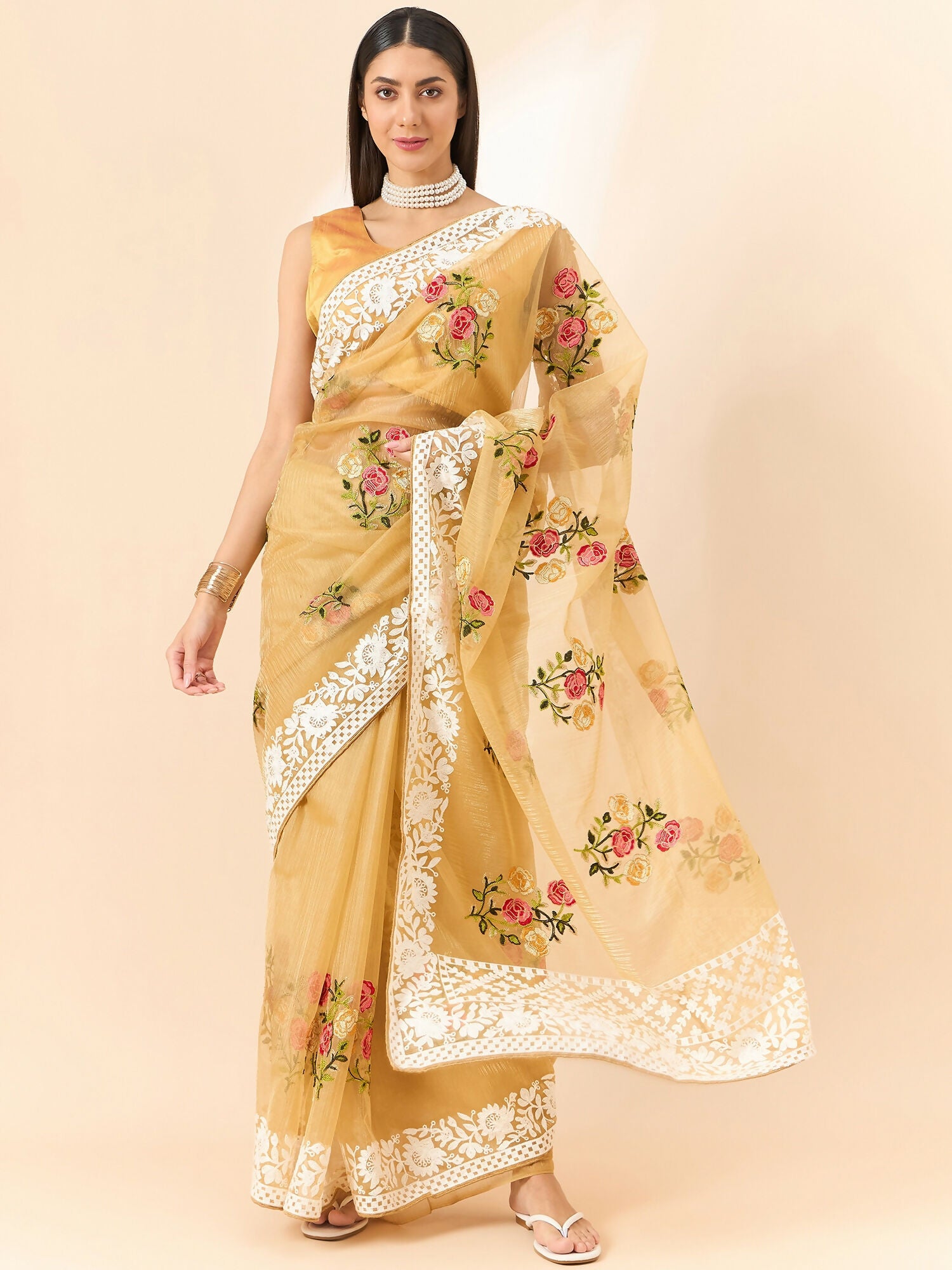 Beige Organza Floral Embroidered Saree with Unstitched Blouse Piece - Roozal - Distacart