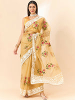 Thumbnail for Beige Organza Floral Embroidered Saree with Unstitched Blouse Piece - Roozal - Distacart