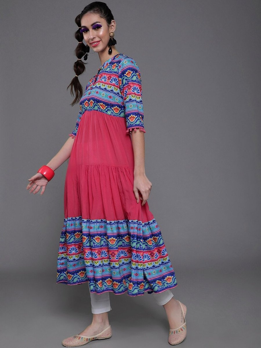 Aks Ethnic Motifs Printed Mandarin Collar Cotton Silk Anarkali Kurta - Distacart