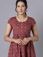 Thumbnail for AURELIA Maroon & Cream-Coloured Ethnic Motifs Ethnic Maxi Dress