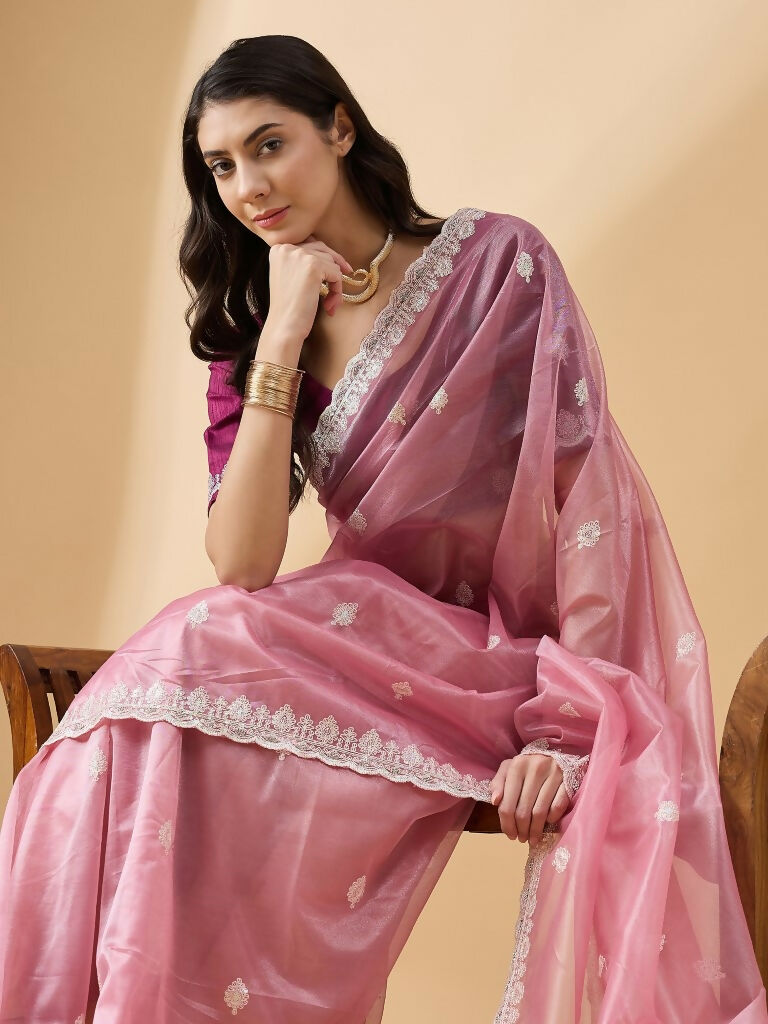 Pink Organza Sequence Embroidered Saree with Unstitched Blouse - Satya - Distacart