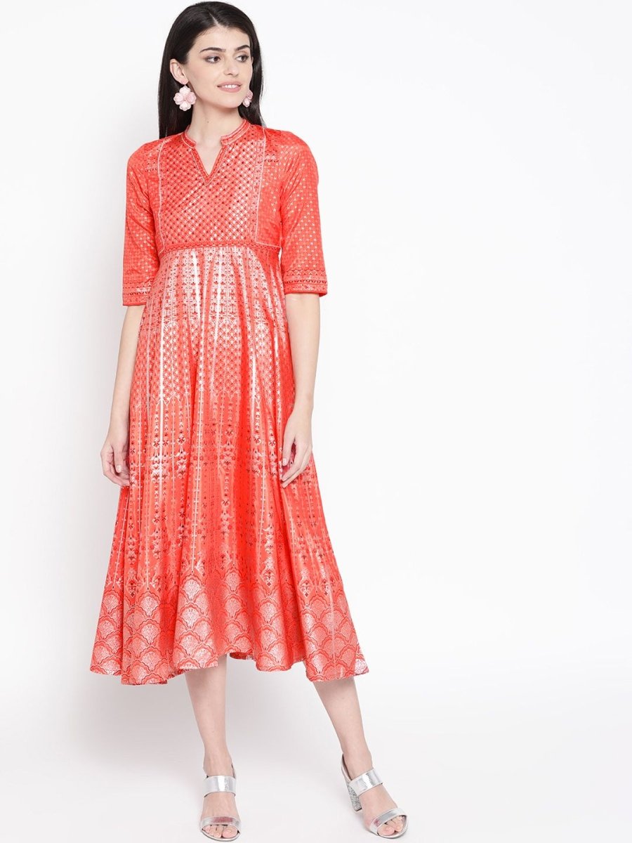 AURELIA Women Orange & Silver Printed Maxi Dress - Distacart