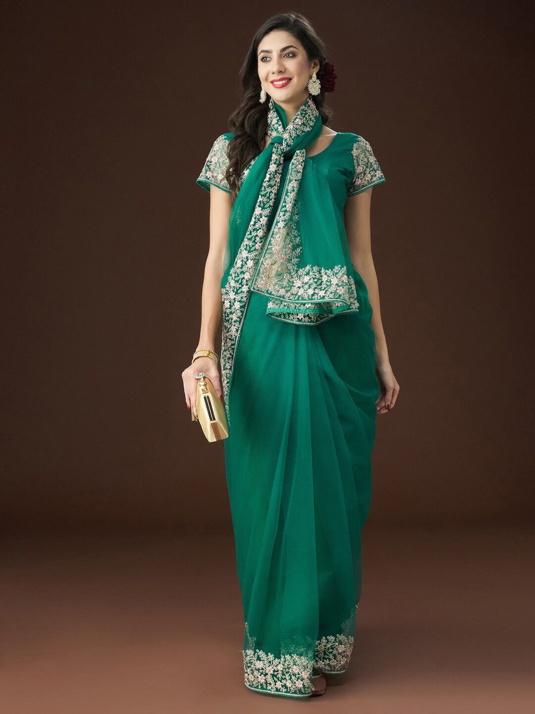 kasee Floral Embroidered Net Saree - Distacart