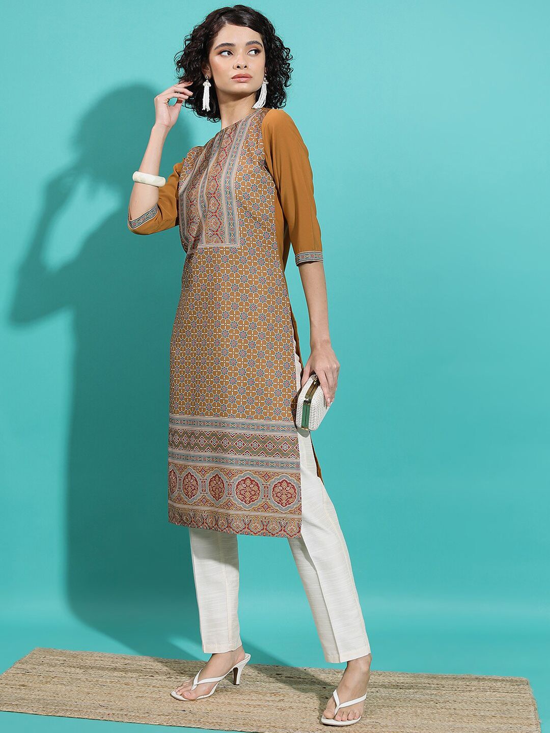 Vishudh Rust Ethnic Motifs Printed Straight Kurta