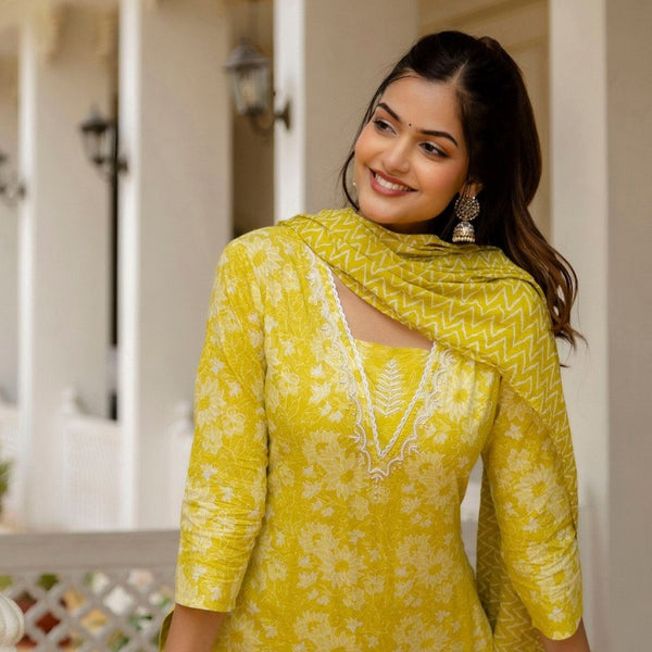 Anouk Floral Yoke Design Pure Cotton Straight Kurta With Patiala & Dupatta - Distacart