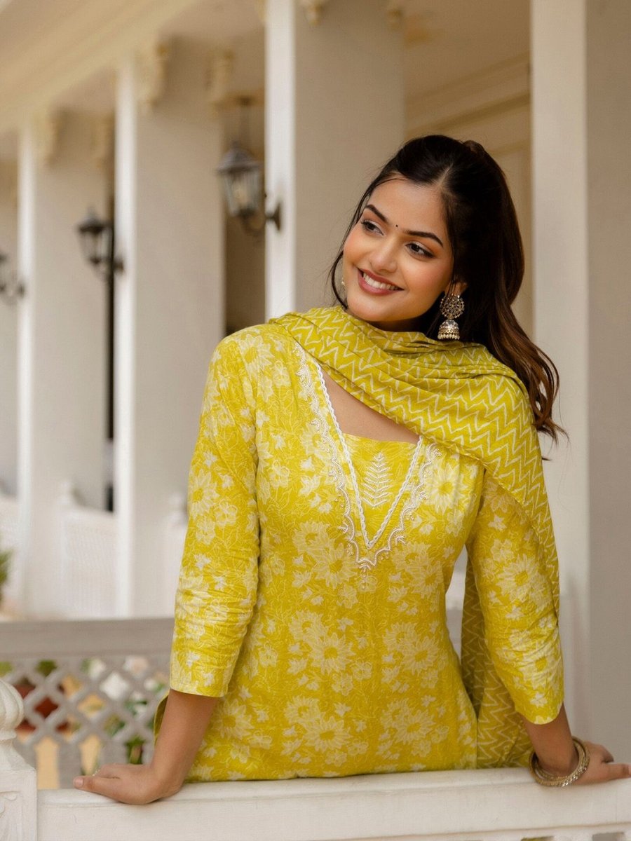 Anouk Floral Yoke Design Pure Cotton Straight Kurta With Patiala & Dupatta - Distacart