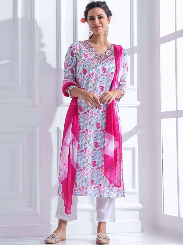 Anouk Women Floral Printed Kantha Work Pure Cotton Kurta with Trousers & With Dupatta