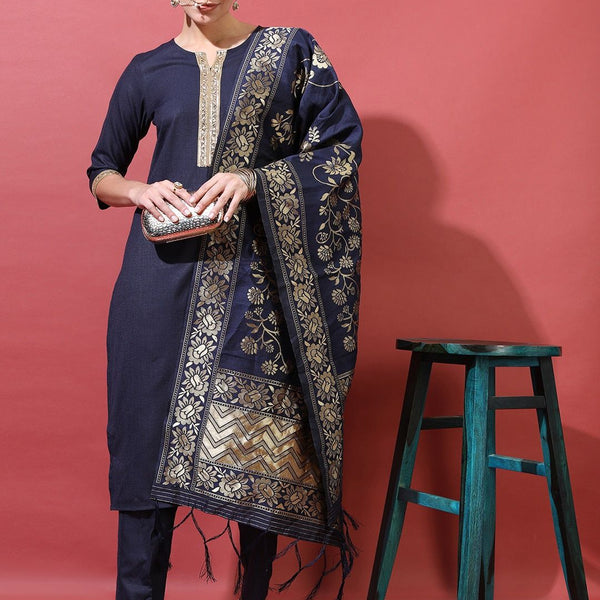 Vishudh Women Navy Blue Ethnic Motifs Kurta with Trousers & Dupatta - Distacart