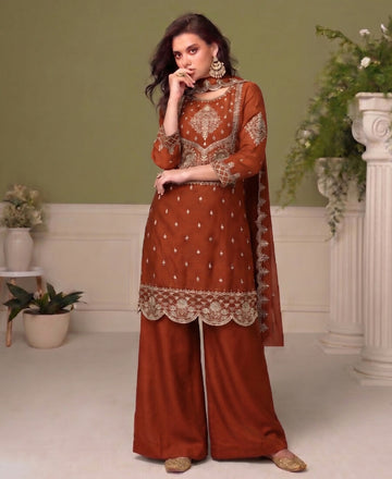 KC Orange Wedding Wear Embroidered Crush Silk Salwar Suit - Dista