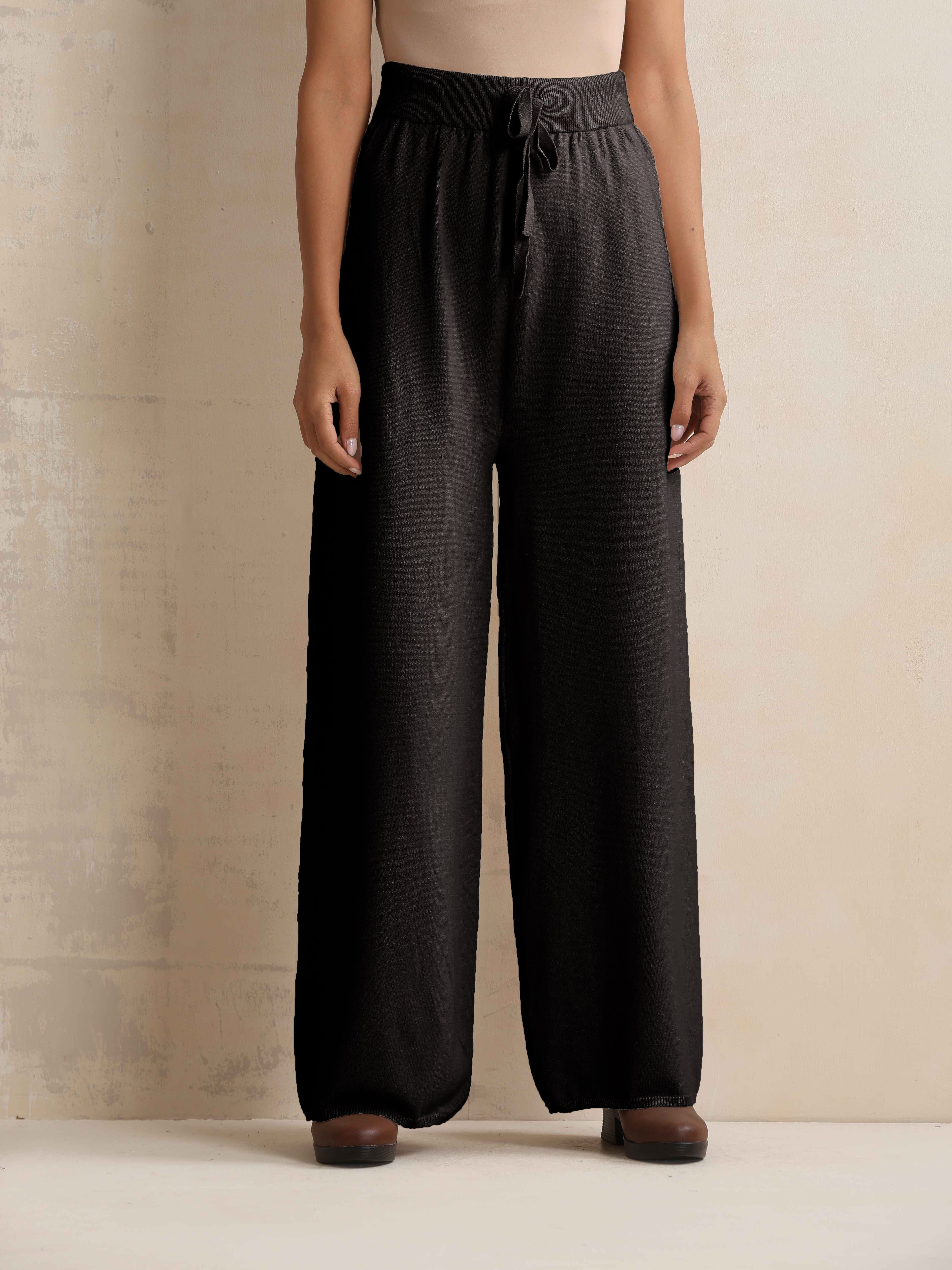 trueBrowns Black Woollen Flared Pants - Distacart