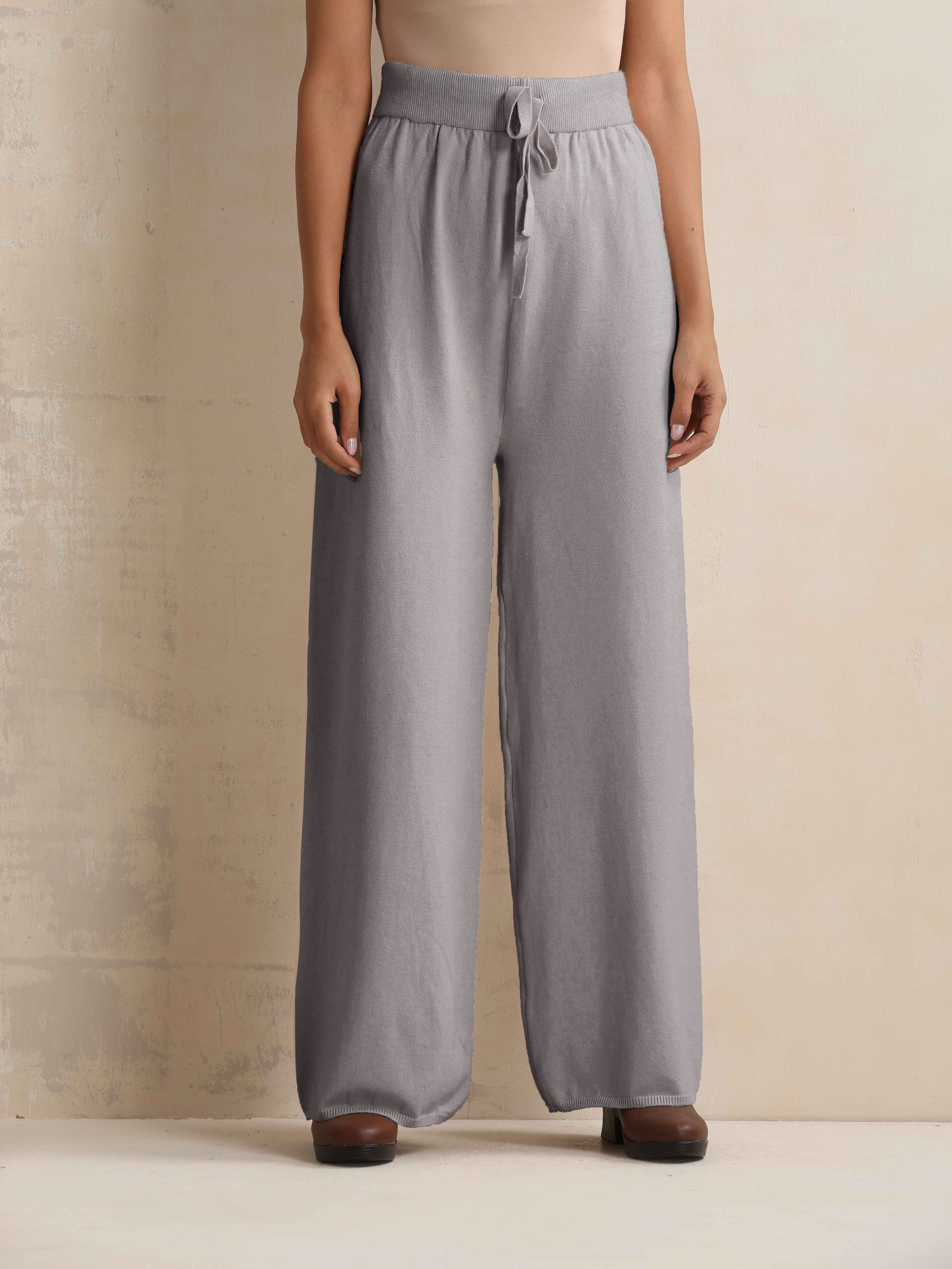 trueBrowns Grey Woollen Flared Pants - Distacart