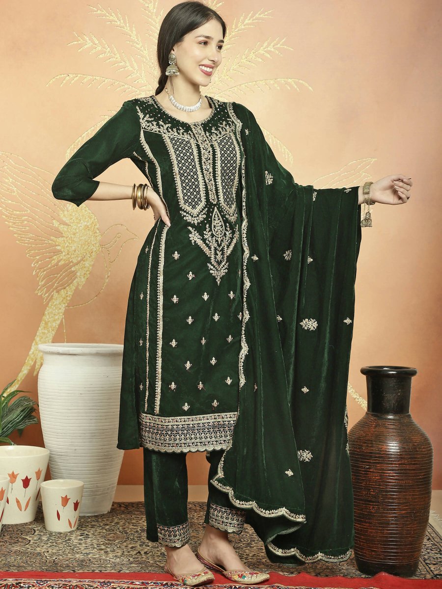 Aastha Fashion Women's Green Velvet Cording with Resham Thread & Sequin Kurta with Trouser & Dupatta - Distacart