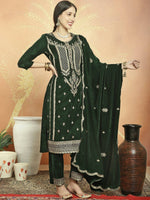 Thumbnail for Aastha Fashion Women's Green Velvet Cording with Resham Thread & Sequin Kurta with Trouser & Dupatta - Distacart