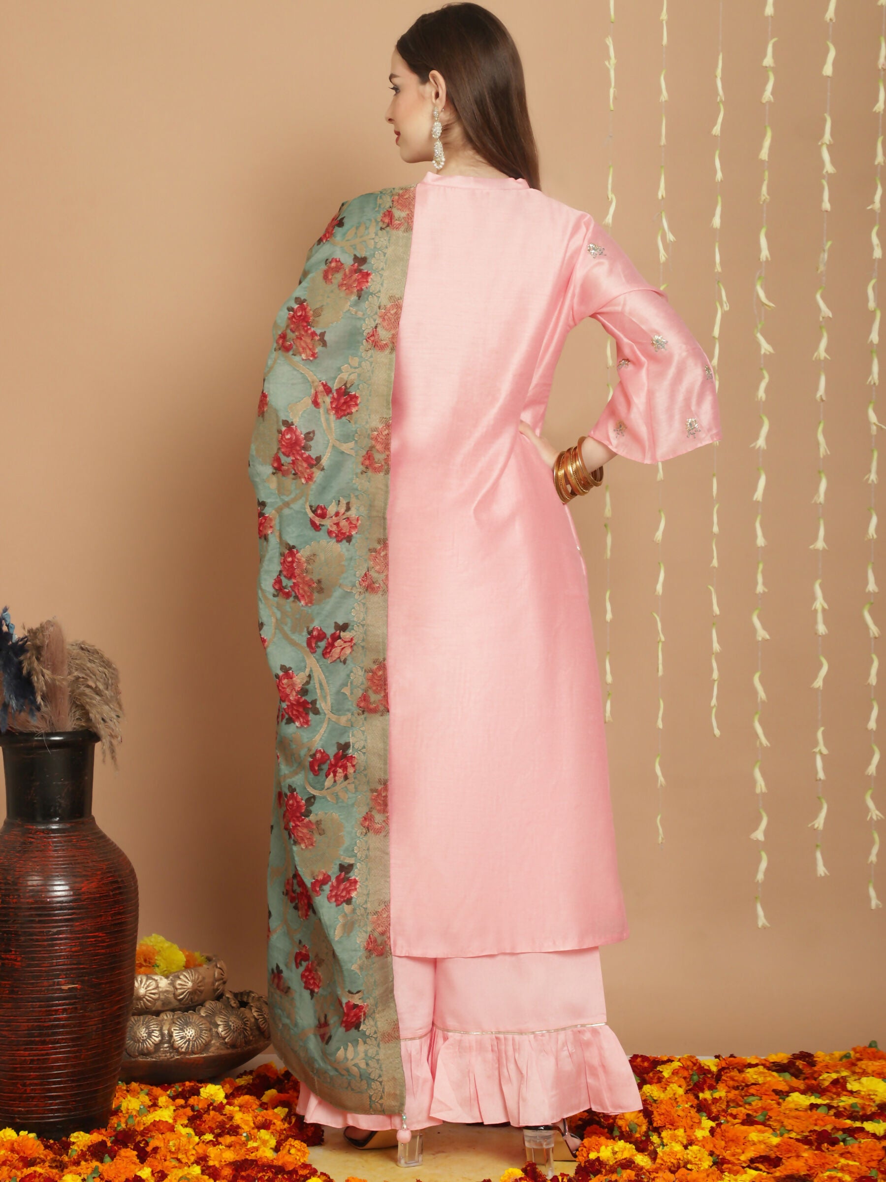 Jyoti Fashion Women's Peach Chanderi Silk Elegant Jardoshi Kurta with Trouser & Dupatta - Distacart