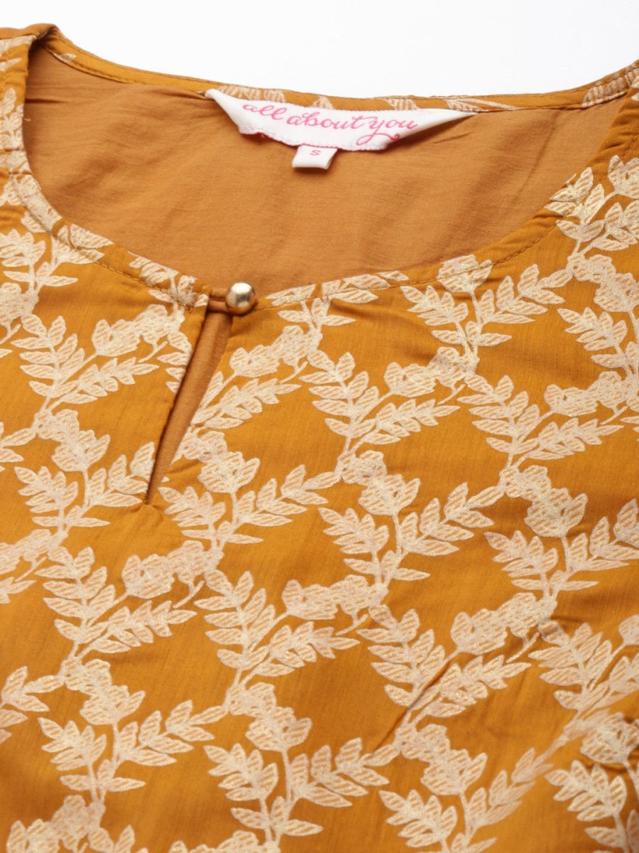 All About You Women Mustard Yellow Ethnic Motifs Printed Regular Kurta with Trousers - Distacart