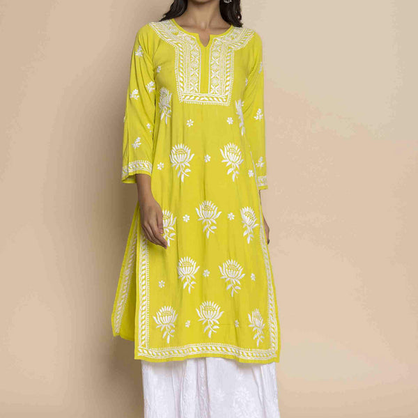 HOUSE OF KARI Floral Chikankari Embroidered Cotton Straight Kurta - Distacart
