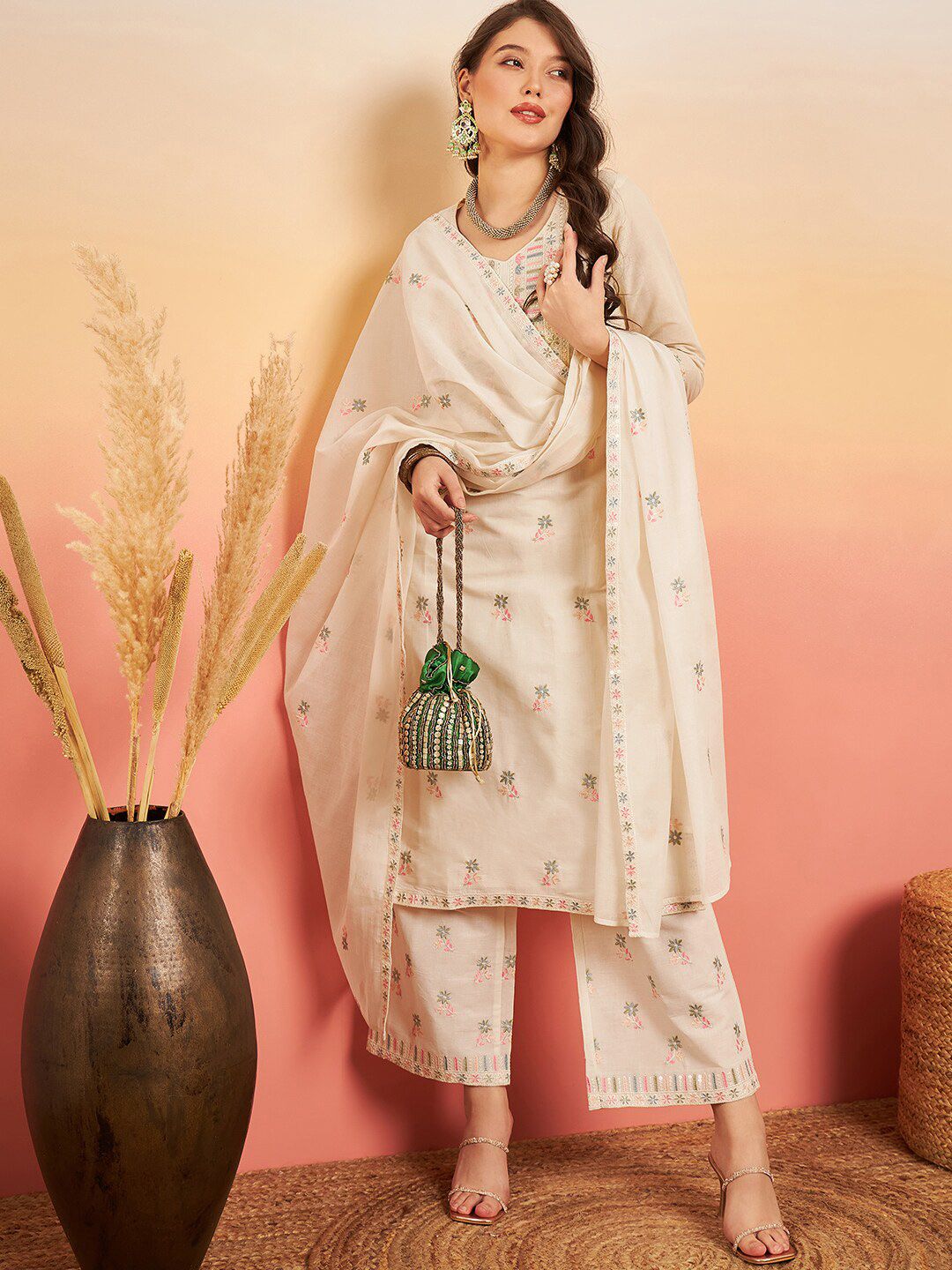 Sangria Floral Embroidered Pure Cotton Straight Kurta Set - Distacart