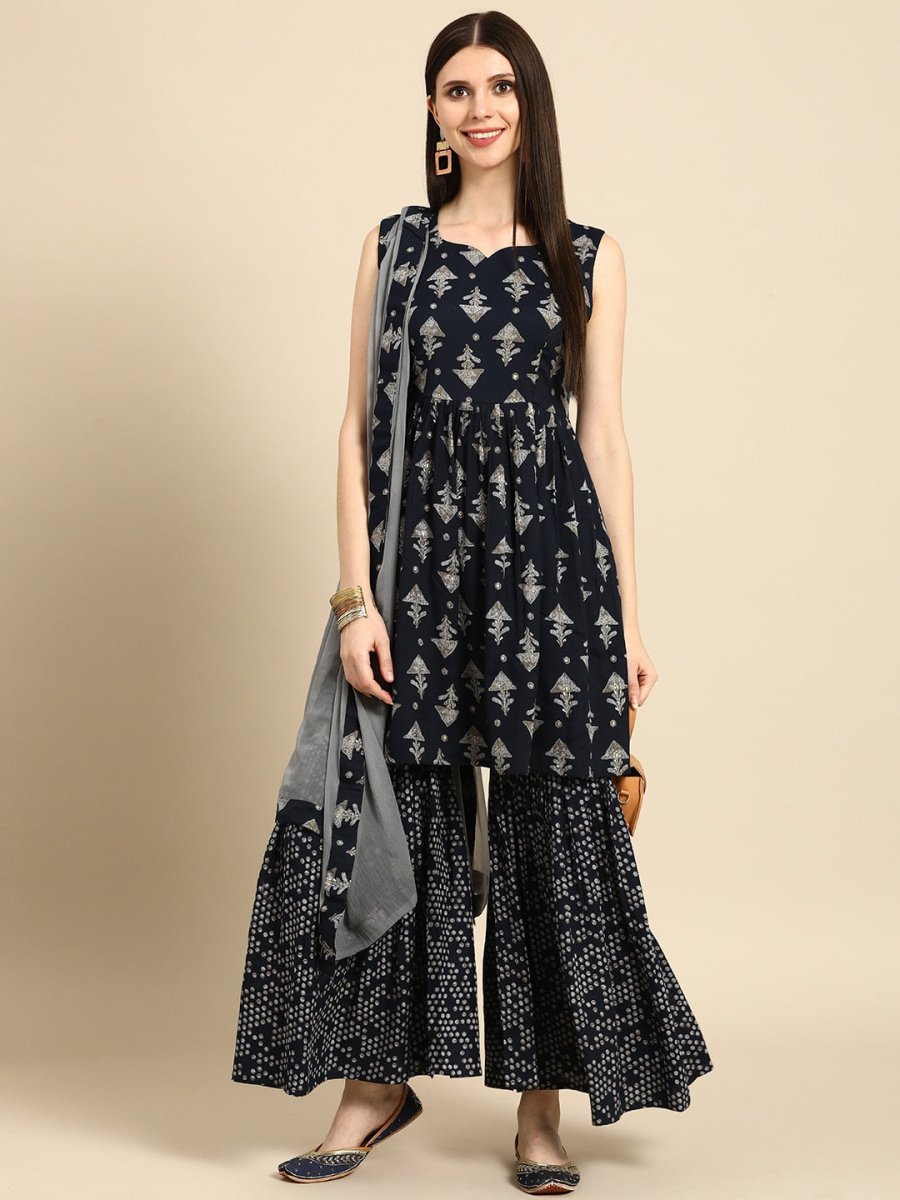 Anouk Women Navy Blue & Grey Ethnic Motifs Printed Kurta with Sharara & Dupatta - Distacart