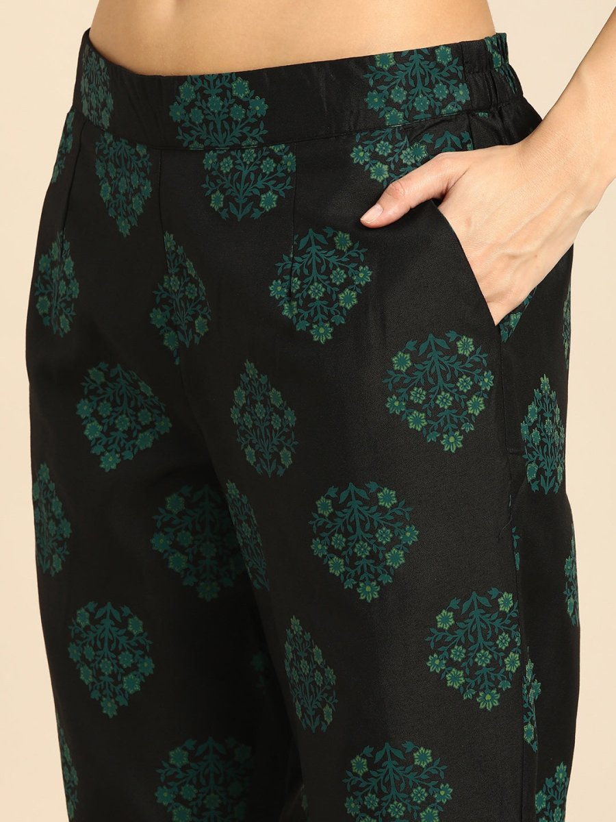 All About You Women Black Floral Yoke Design Regular Thread Work Kurta with Trousers - Distacart