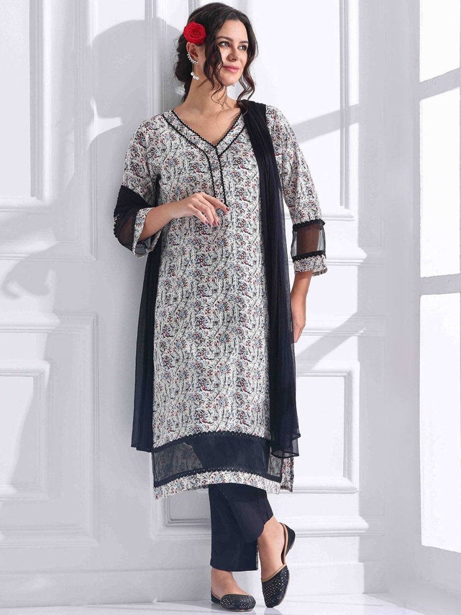 Anouk Women Floral Printed Kantha Work Pure Cotton Kurta with Trousers & With Dupatta - Distacart