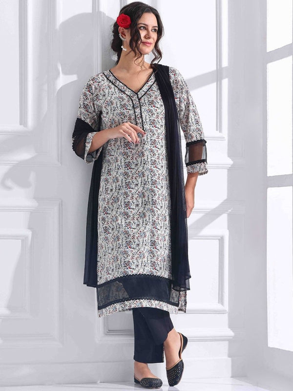 Anouk Women Floral Printed Kantha Work Pure Cotton Kurta with Trousers & With Dupatta