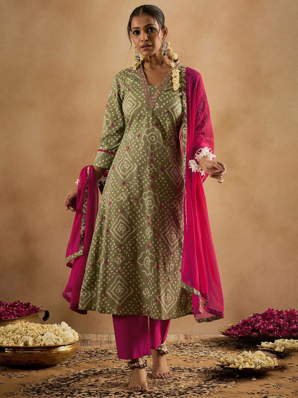 Indo Era Bandhani Printed Pure Cotton Kurta With Trousers & Dupatta