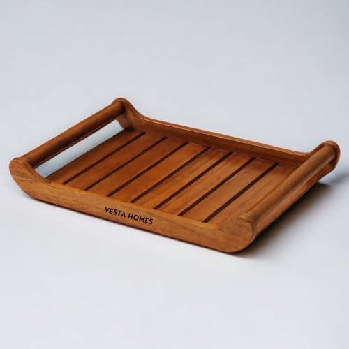 Vesta Homes Large Teak Wood Rectangular Serving Tray 38 X 25 X 6 Cm