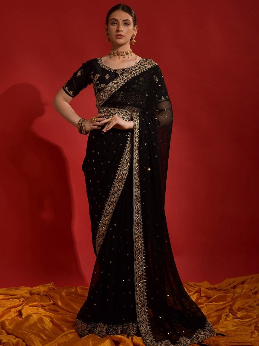 Anouk Black & Gold-Toned Embellished Embroidered Pure Georgette Saree - Distacart