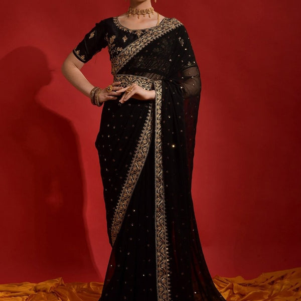 Anouk Black & Gold-Toned Embellished Embroidered Pure Georgette Saree - Distacart