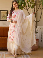 Thumbnail for The52 White Women's Gorgeous Embroidered Chinon Fabric Straight Kurta Palazzo and Dupatta Set - Distacart