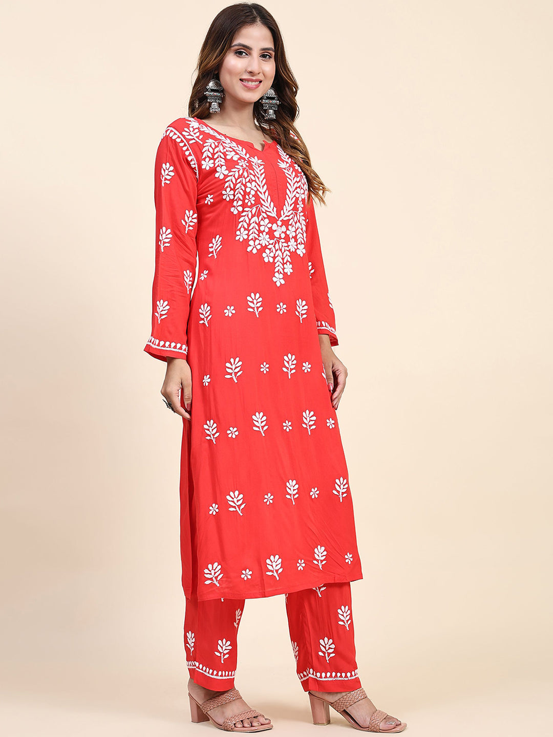 HOUSE OF KARI Floral Embroidered Chikankari Pure Cotton Straight Kurta With Trousers - Distacart