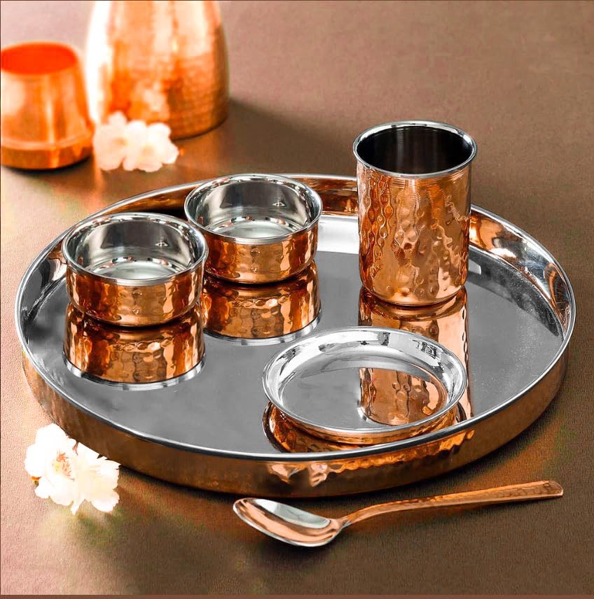 Spillbox Stainless Steel Copper Hammered Dinner Thali Set of 6 Pieces