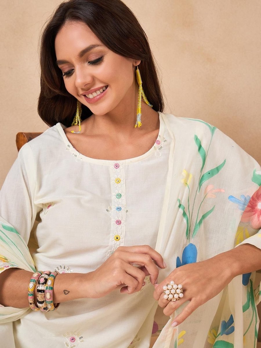 Anouk Women Floral Embroidered Regular Thread Work Pure Cotton Kurta with Trousers & With Dupatta - Distacart