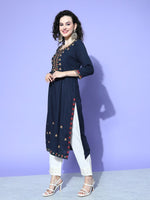 Thumbnail for All About You Women Blue Embroidered Regular Mirror Work Liva Kurta with Trousers - Distacart