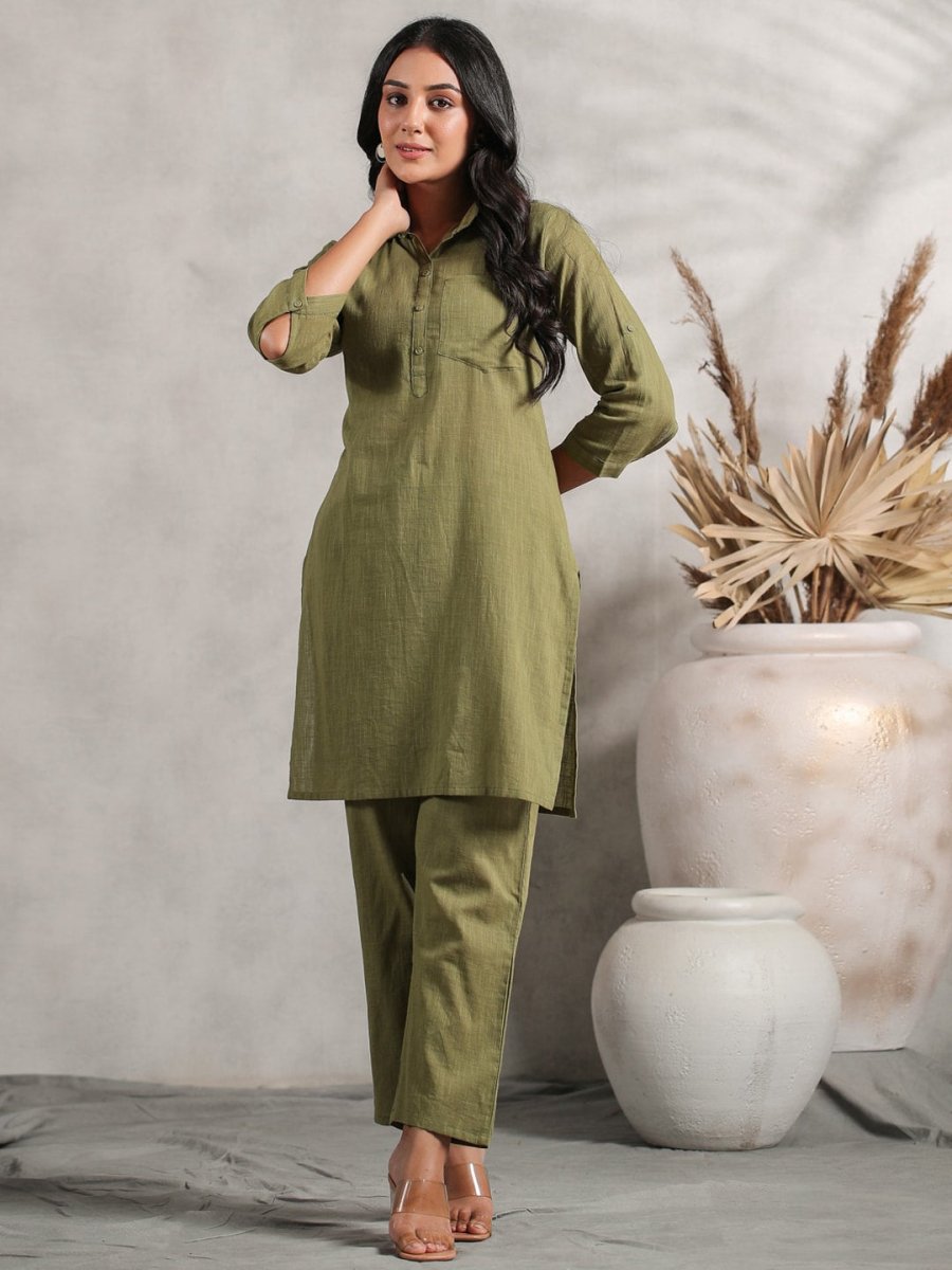 Anubhutee Shirt Collar Cuffed Sleeves Fusion Pure Cotton Kurta with Trousers - Distacart