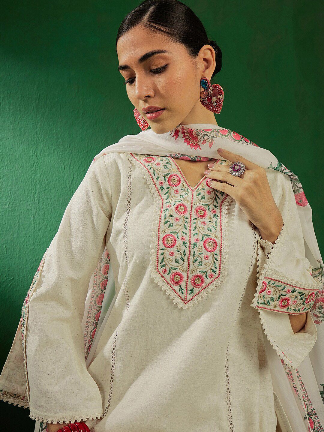 Sangria Off White Floral Embroidered Pure Cotton Kurta With Palazzo & Dupatta - Distacart