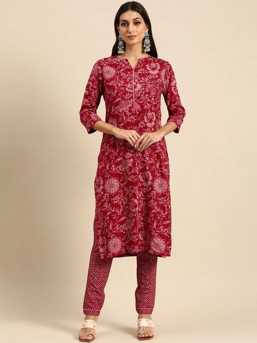 All About You Women Red Floral Printed Kurta with Trousers - Distacart