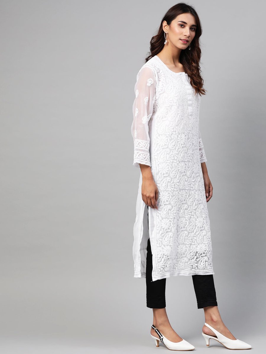 ADA Women White & Black Chikankari Embroidered Sustainable Handloom Kurta with Trousers & Inner - Distacart